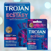 Image of two packages of Trojan Double Ecstasy Condoms by Trojan. The larger box contains 10 lubricated latex condoms, and the smaller box contains 3. The packaging highlights UltraSmooth Premium Lubricant, intensified sensations, a Comfort fit shape, and triple-tested quality for assured protection.